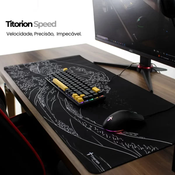 Mouse Pad Gamer Extra Grande Profissional 90x40 Deskpad Branco Preto Ergonômico Speed OndaTitorion - Imagem 4