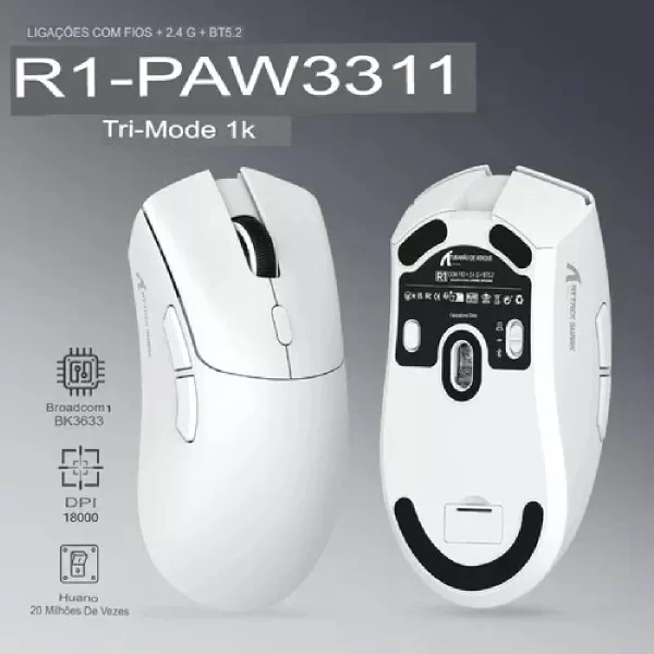 Mouse Gamer Sem Fio Bluetooth 2.4G Attack Shark Recarregável Paw3311 18000 Dpi R1 - Imagem 5