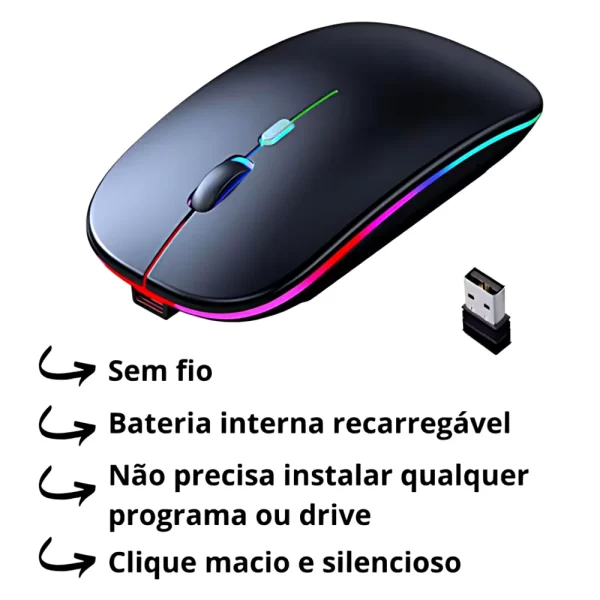 Kit sem fio recarregável LED Mouse, RGB, Sem Fio, 2.4 Ghz - Imagem 5