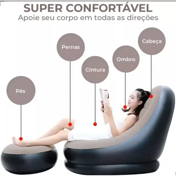 Conjunto Poltrona Puff Inflável Ultra Lounge Portátil Dobrável Reclinável Sofá Cama Confortável Veludo Descanso Versátil - Imagem 3