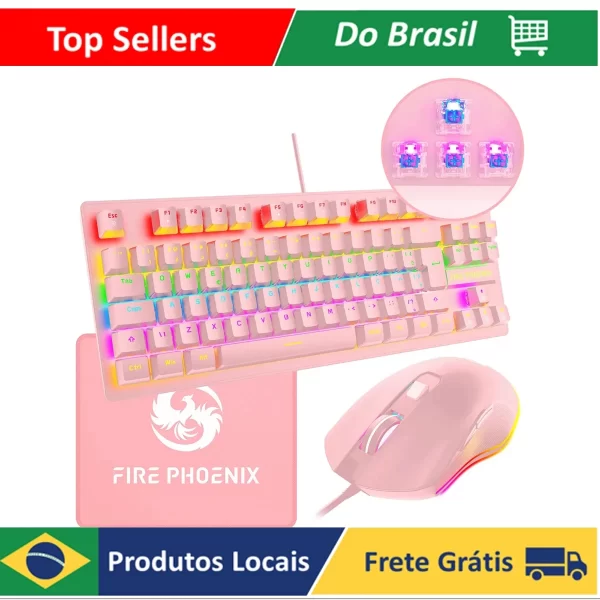 Kit De Teclado Mecânico E Mouse Gamer 3200 Dpi Com Fio Abnt2 Iluminação Led Rgb Switch Blue 60% Rosa Be-k1 Luuk Young