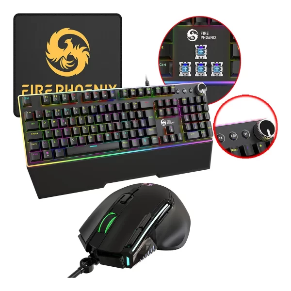 Kit Teclado Gamer Mecânico Switch Blue Abnt2 + Mouse Gamer Ergonômico 9 Botões Dpi 12800 Led Rgb Usb Com Mousepad Para Pc Bk-04
