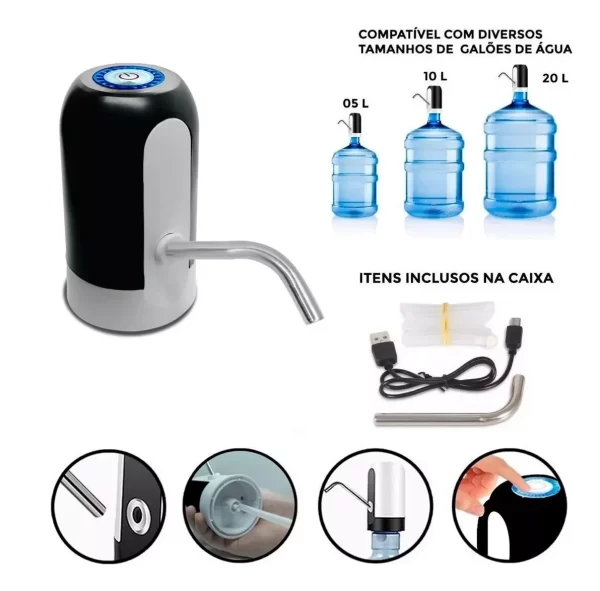 Bomba Elétrica Recarregável para Garrafão e Galão de Água Prática e Eficiente Ideal para Uso Doméstico e Escritórios Facilitador - Imagem 4