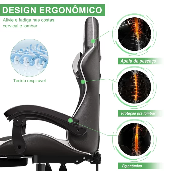 Cadeira gamer de última geração, ergonômica, regulável em altura, plana, com apoio para os pés (preto) - Imagem 6