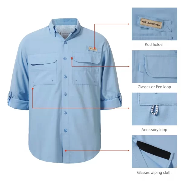 BASSDASH Camisa masculina de manga comprida com botão de pesca UPF 50 de desempenho de secagem rápida FS21M - Imagem 3