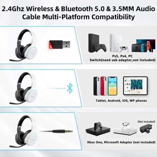 Kofire UG-05 fones de ouvido para jogos 2.4g bt5.0 fone de ouvido sem fio com microfone rbg luz vibração bluetooth fone de ouvido para ps4 ps5 pc switch - Imagem 6