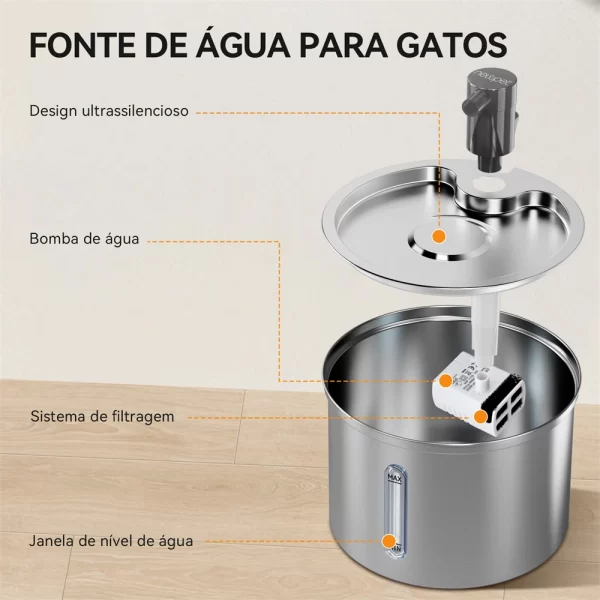 Fonte de água para gatos de 3 litros e grande capacidade Fonte de água automática para animais de estimação em aço inoxidável Fonte de água para animais de estimação com sensor inteligente e sem fio - Imagem 3