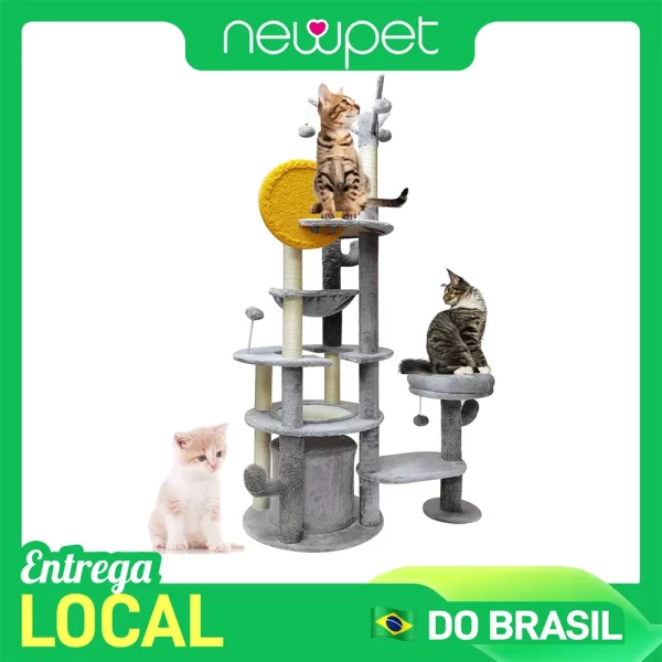 Newpet 172 cm Grande Prateleira Multi-Nível para Gatos Estrutura de Escalada de Madeira Poste de Arranhador Pilar de Sisal Patas de Moagem Plataforma de Salto