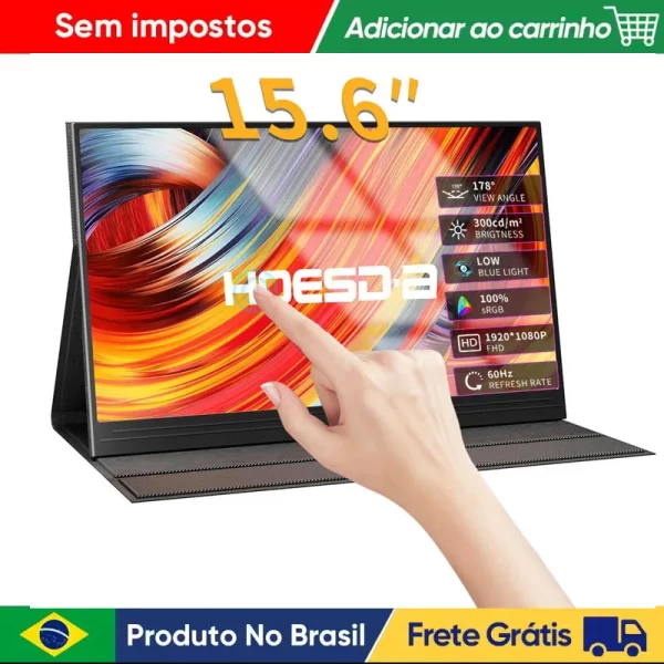 Monitor portátil de 15.6 polegadas, monitor de toque fhd ips 300cd/m2 USB-C hdmi para jogos, display para pc/laptop/mini pc/telefone