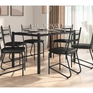Mesa de Jantar Retangular com 6 Cadeiras Preto Fosco