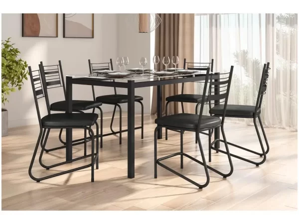 Mesa de Jantar 6 Cadeiras Retangular Preto Fosco Tampo de Vidro Artefamol Valência