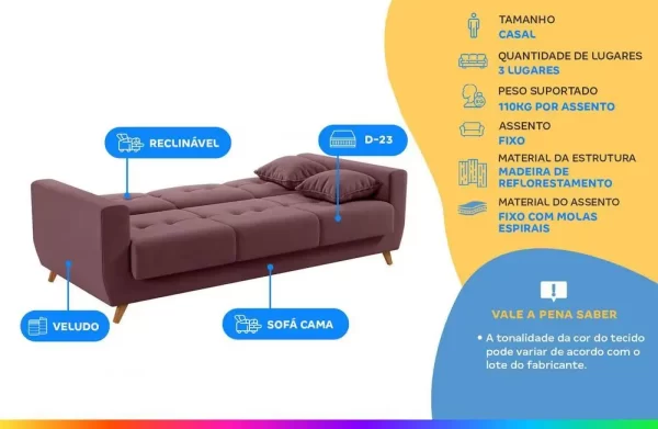 Sofá-cama Casal 3 Lugares com Baú Reclinável Veludo Matrix Pâmela - Imagem 2
