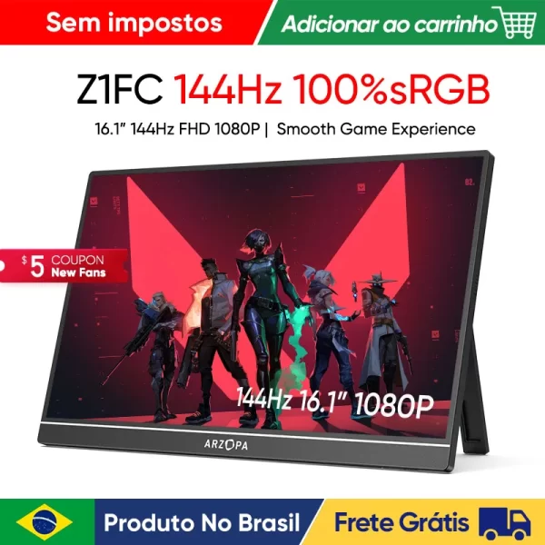[produto no brasil] Novo ARZOPA 16.1 polegada 100% sRGB 144Hz Monitor de Jogos Portátil Display Laptop com Tipo C Mini HDMI Para PS4/5 Steam Deck Switch XBOX PC Mac, Z1FC