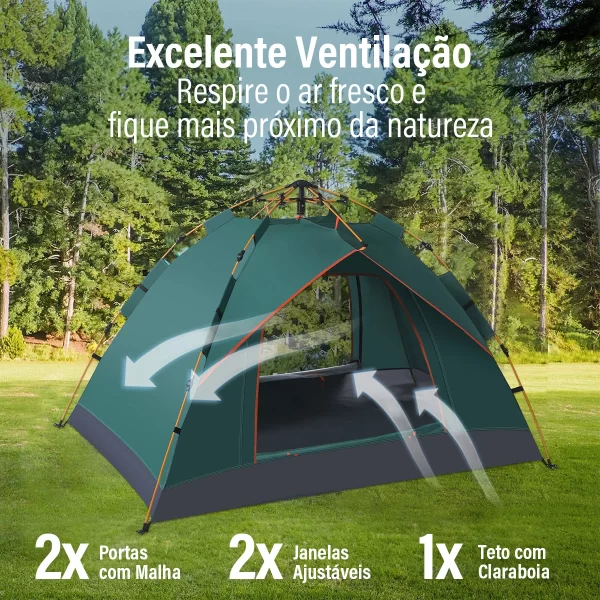 Barraca Pop-up Automática para Acampamento ao Ar Livre | Proteção Solar | 3-4 Pessoas | Verde/Branco - Imagem 2