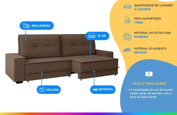 Sofá Retrátil Reclinável 4 Lugares Veludo Texas Besthouse - Imagem 2