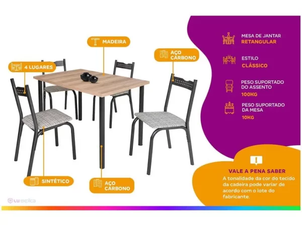 Mesa de Jantar 4 Cadeiras Retangular - Imagem 2