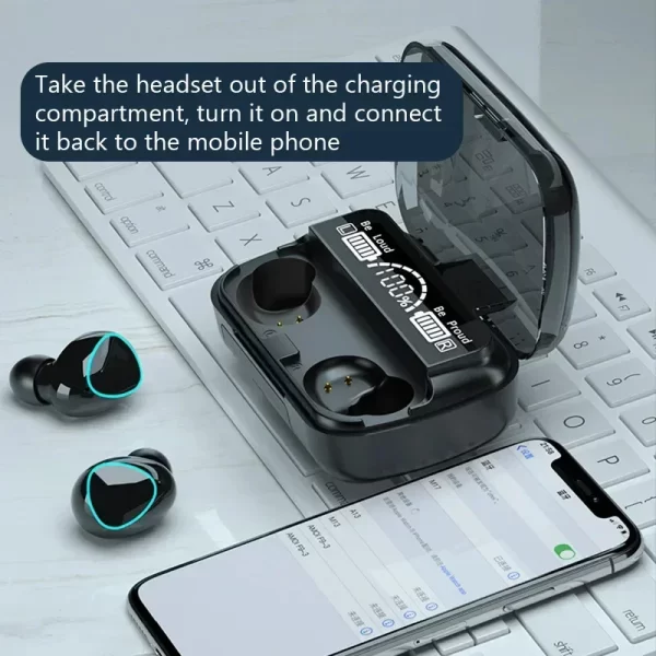 M10 fones de ouvido Bluetooth com microfone, caixa de carregador de fone de ouvido, fones de ouvido sem fio,tela de exibição LED - Imagem 5
