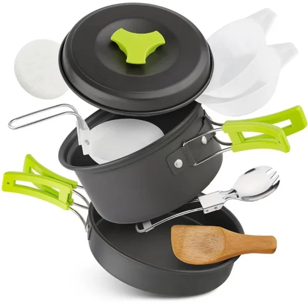 Conjunto de panelas de acampamento conjunto de cozinha de mochilão portátil, durável panelas ao ar livre com utensílios de mesa e saco de armazenamento prático - Imagem 3