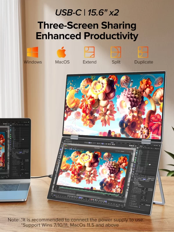 UPERFECT Tela Tripla Monitor Dobrável Portátil de 15,6" Tela Dupla com Extensor VESA 1080P FHD IPS para Laptop PC Suporte de Rotação de 360° para Windows MAC OS Smartphone PS5 Switch - Imagem 2