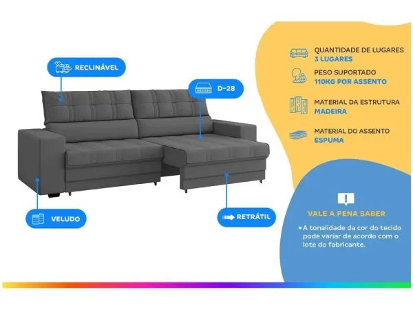 Sofá Retrátil Reclinável 3 Lugares Veludo Medelín Besthouse - Imagem 2