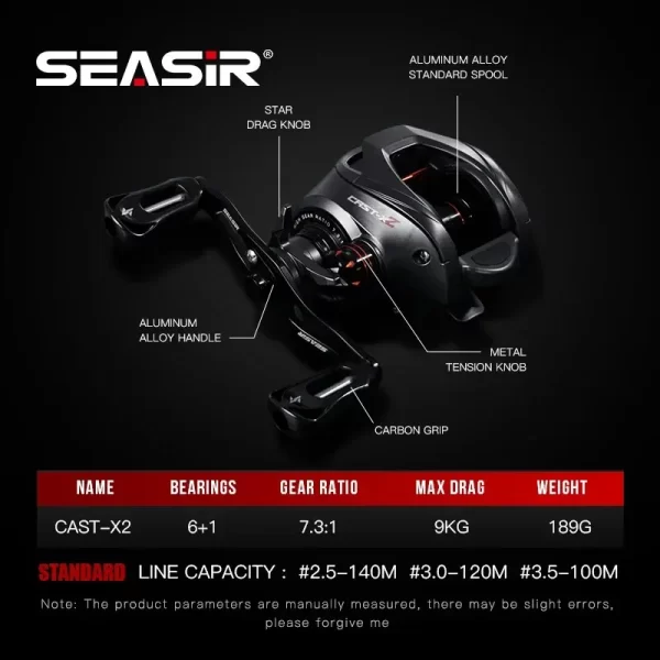 SEASIR Cast X2 Baitcasting Reel 7.3:1 Rolamento cerâmico híbrido Arruela de fibra de carbono Sistema de rolamento duplo N52 Freio Carretilhas de pesca - Imagem 2