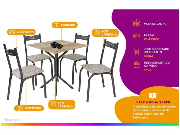 Mesa de Jantar 4 Cadeiras Quadrada - Imagem 2