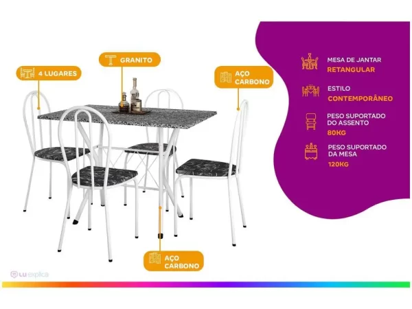 Mesa de Jantar 4 Cadeiras Retangular Branca - Imagem 2