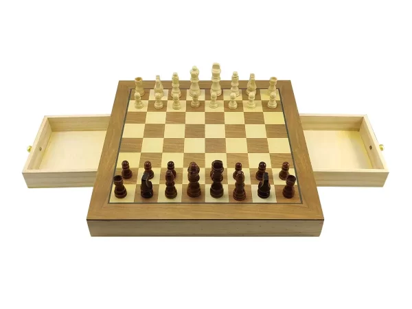 Jogo de Xadrez e Damas 2 em 1 Profissional Hoyle Games Tabuleiro Grande 29x29CM Peças Em Madeira Com 2 Gavetas - Imagem 3