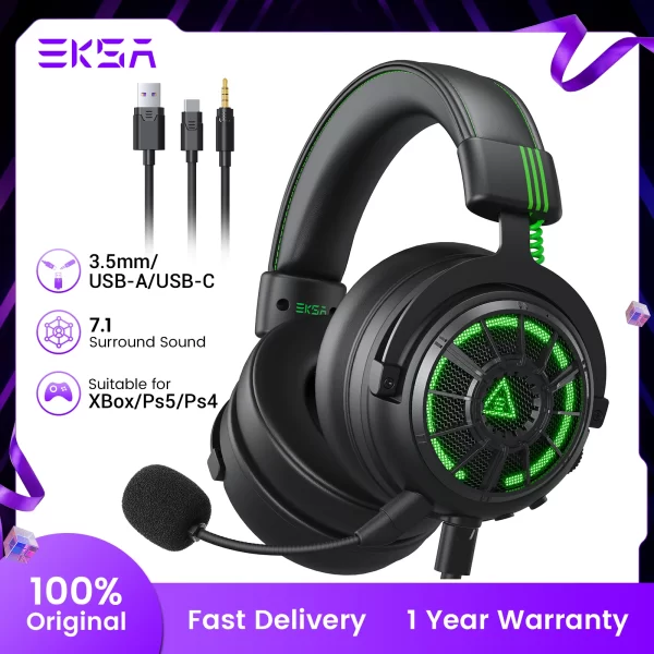 fone de ouvido EKSA E5000 Pro Gaming Headset com microfone, fones de ouvido com som surround 7.1 para PC Gamer, fone de ouvido com fio
