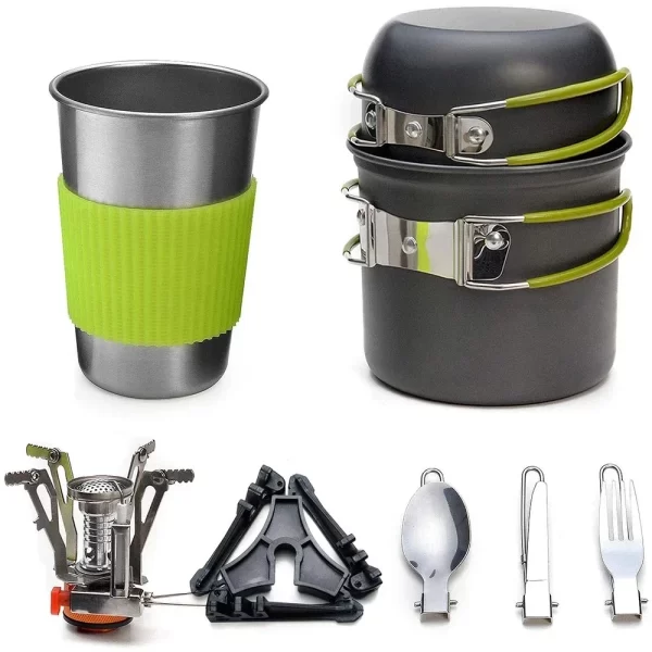 Kit de panelas de acampamento com fogão conjunto de cozinha ao ar livre panela de viagem utensílios de cozinha caminhadas piquenique churrasco