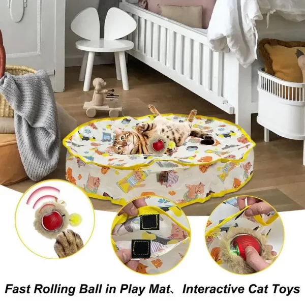 Brinquedo elétrico para gatos, bola de rolamento rápido em tapete de jogo, brinquedo elétrico inteligente para gatinhos, recarregável, brinquedo ativo para gatos internos, jogo de esconder e procurar - Imagem 3