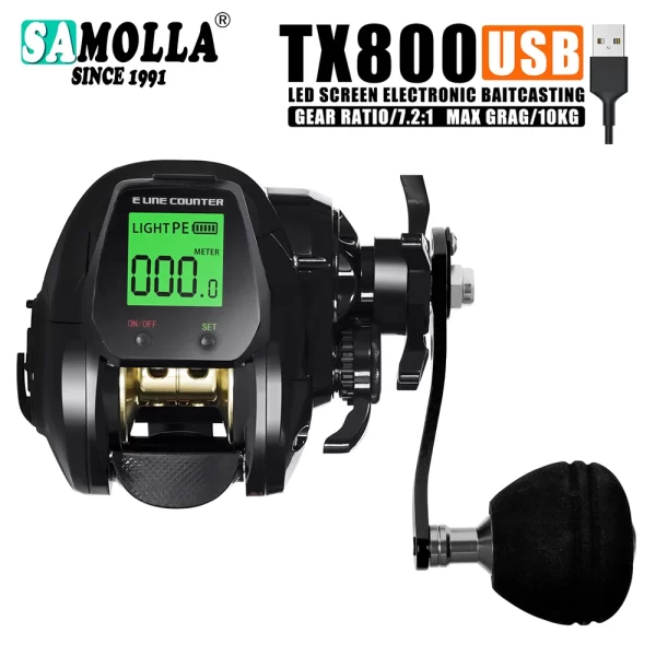 SAMOLLA Carretel de pesca de arremesso eletrônico grande tela LED de alta velocidade 7.2:1 10kg fundição de roda de tambor fundido à prova d'água de água salgada