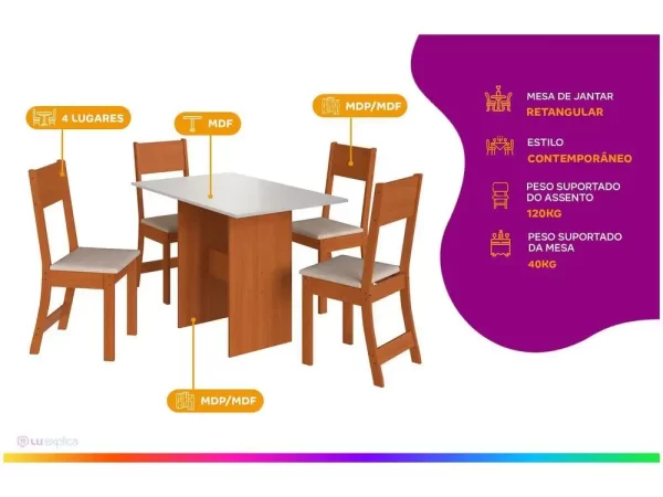 Mesa de Jantar 4 Cadeiras Retangular Freijo e Off White Indekes Luiza - Imagem 2