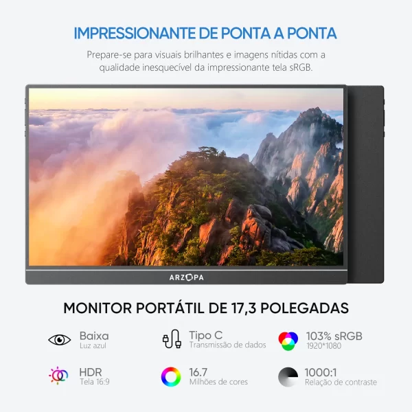 [produto no brasil ]ARZOPA Monitor portátil de 17,3 polegadas 1080P FHD 100% sRGB, tela IPS 16:9, corpo de metal, com mini HDMI tipo C, alto-falantes, para Mac /Laptop/PC/Xbox/Switch/PS, segunda tela externa, novo A1M - Imagem 2