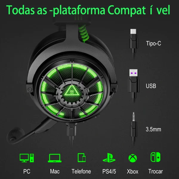 fone gamer EKSA E5000 Pro fone de ouvido gamer Gaming Auscultadores para PC/PS4/Xbox/Switch, 7.1 Wired Headset Gamer com microfone ENC, USB/Tipo C/Cabo destacável de 3,5mm - Imagem 5