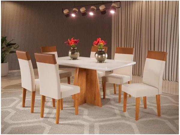 Mesa de Jantar 6 Cadeiras Retangular Mel e Off White Viena
