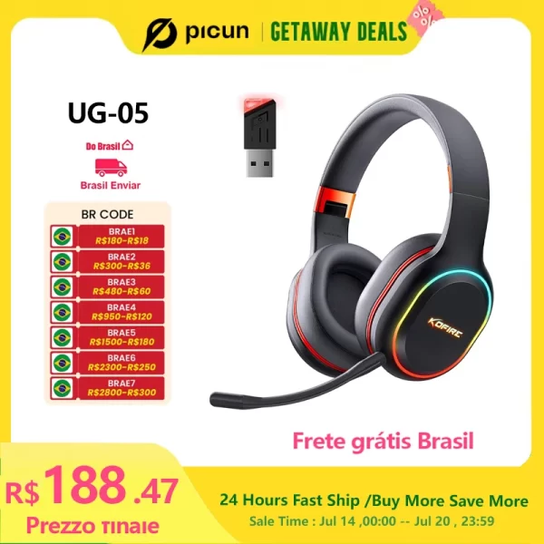Kofire UG-05 fones de ouvido para jogos 2.4g bt5.0 fone de ouvido sem fio com microfone rbg luz vibração bluetooth fone de ouvido para ps4 ps5 pc switch
