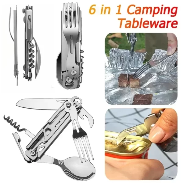 Conjunto de talheres multifuncional portátil dobrável acampamento talheres faca aço inoxidável garfo colher abridor latas equipamentos ao ar livre