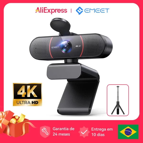 Webcam 4k câmera web com tripé emeet usb computador autofoco streaming câmera com microfones para zoom/equipos/obs/pc/mac/laptop