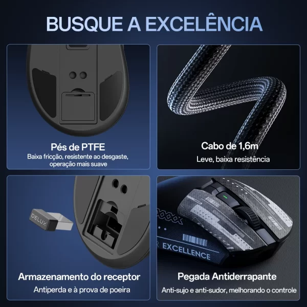 Mouse para jogos sem fio Delux M900PRO com taxa de pesquisa de 8K PAW3395 RGB Doca de carregamento Design ergonômico 63g leve para PC Latop - Imagem 6