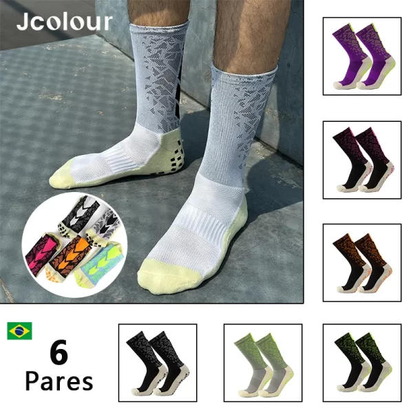 6 Pares,Meias Longas de Futebol Multicoloridas, Antiderrapantes de Silicone, Malha Respirável, Meias Esportivas Masculinas
