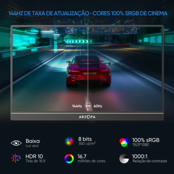 [produto no brasil] Novo ARZOPA 16.1 polegada 100% sRGB 144Hz Monitor de Jogos Portátil Display Laptop com Tipo C Mini HDMI Para PS4/5 Steam Deck Switch XBOX PC Mac, Z1FC - Imagem 2