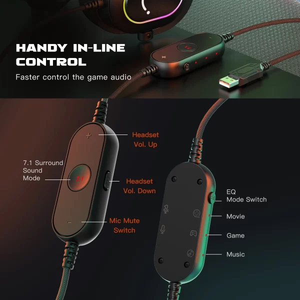 Fone de ouvido para jogos USB FIFINE com som surround 7.1/controle de linha/modo 3EQ, fone de ouvido RGB com microfone, plug and play, para PC/PS5 -H6 - Imagem 4