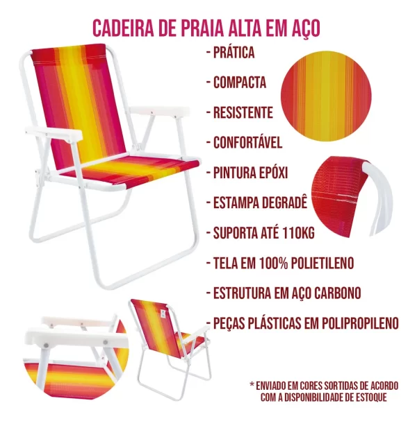 Cadeira Alta de Praia Piscina Dobrável em Aço Cor Sortida - Imagem 3