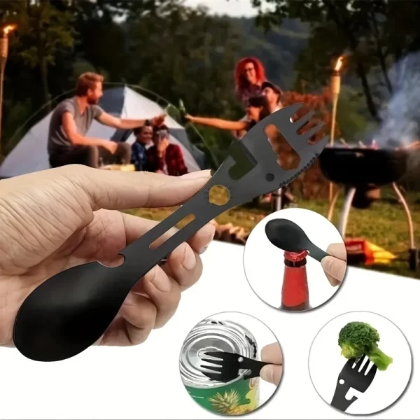 Colher de talheres multifuncional, multiferramenta, abridor de latas, talheres de garrafa portátil, multiferramenta, utensílio de acampamento, garfo, stainles - Imagem 6