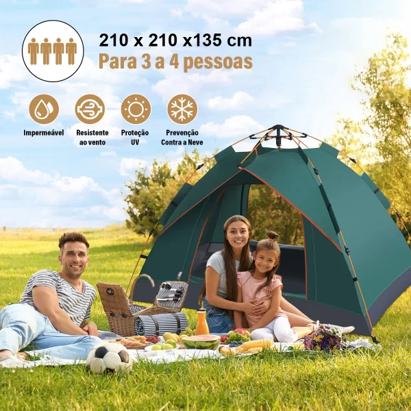 Barraca Pop-up Automática para Acampamento ao Ar Livre | Proteção Solar | 3-4 Pessoas | Verde/Branco - Imagem 3