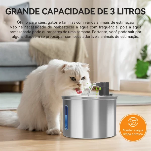 Fonte de água para gatos de 3 litros e grande capacidade Fonte de água automática para animais de estimação em aço inoxidável Fonte de água para animais de estimação com sensor inteligente e sem fio - Imagem 2