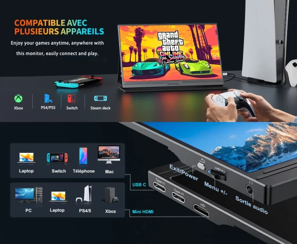 Monitor portátil de 15.6 polegadas fhd ips 300cd/m2 USB-C hdmi monitor de jogos para pc/ps3/4/5/switch/xbox/laptop/mini pc/telefone - Imagem 6