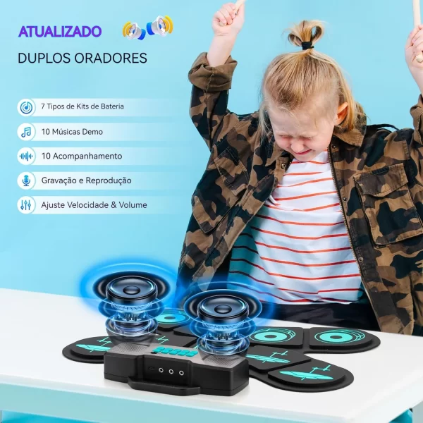 Conjunto de bateria eletrônica com 9 almofadas, kit de bateria digital, compatível com bluetooth, portátil, bateria eletrônica, presentes de feriado - Imagem 2