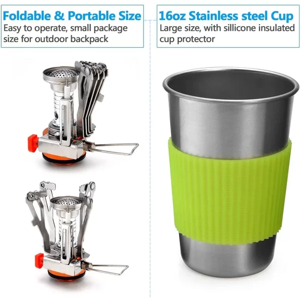 Kit de panelas de acampamento com fogão conjunto de cozinha ao ar livre panela de viagem utensílios de cozinha caminhadas piquenique churrasco - Imagem 3